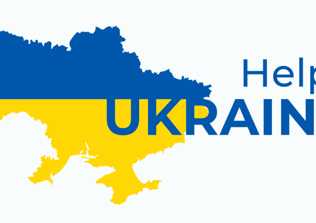 Ukrainos žemėlapis su užrašu „Help Ukraine“ ir vėliavos spalvų fonu.