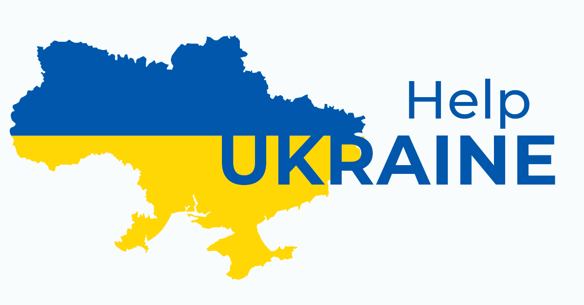 Ukrainos žemėlapis su užrašu „Help Ukraine“ ir vėliavos spalvų fonu.