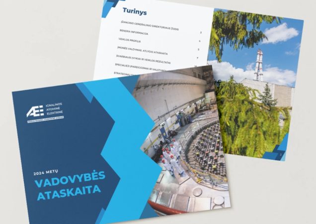 Ignalinos atominės elektrinės 2024 metų vadovybės ataskaita su viršeliu, turinio puslapiu ir branduolinio objekto nuotrauka.
