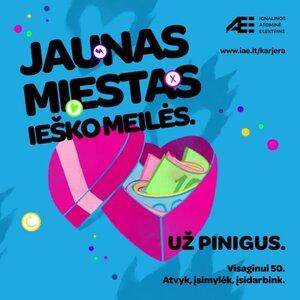 Reklaminis plakatas su užrašu Jaunas miestas ieško meilės už pinigus, vaizduojantis širdį su viduje įdėtais banknotais, kviečiantis įsidarbinti Visagine Ignalinos atominėje elektrinėje.