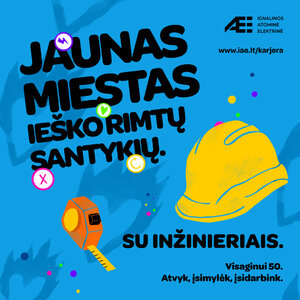 Reklaminis plakatas su užrašu Jaunas miestas ieško rimtų santykių, vaizduojantis statybinį šalmą ir ruletę, kviečiantis įsidarbinti Visagine Ignalinos atominėje elektrinėje.