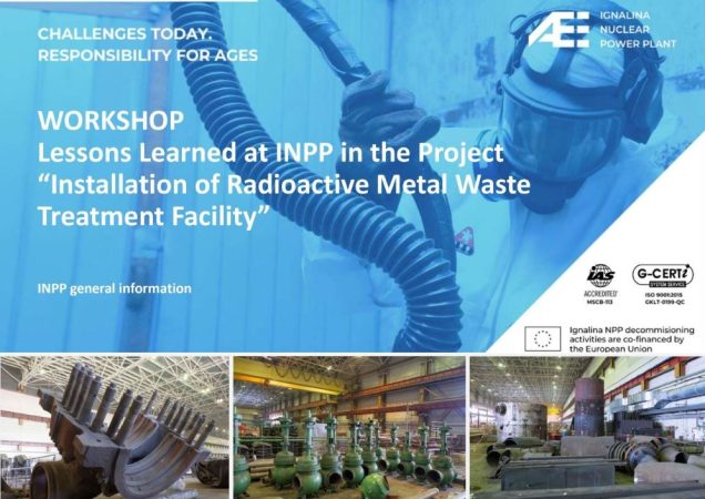Plakatas apie seminarą Ignalinos AE tema „Pamokos, išmoktos įgyvendinant radioaktyvių metalinių atliekų apdorojimo įrenginio projektą“, iliustruotas inžinerinėmis sistemomis ir metalo apdirbimo vaizdais.