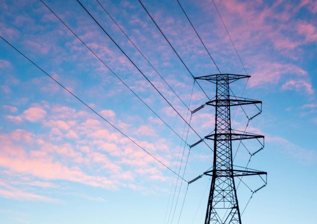 Elektros perdavimo linijos bokštas su laidais priešais rausvai mėlyną vakaro dangų.