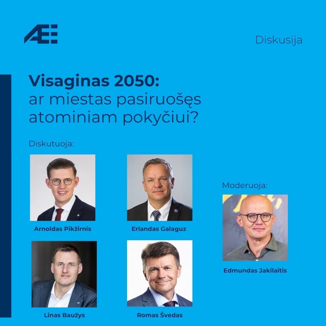Diskusijos plakatas Visaginas 2050: ar miestas pasiruošęs atominiam pokyčiui, su dalyvaujančių diskusijoje Arnoldas Pikžirnis, Erlandas Galaguz, Linas Baužys, Romas Švedas ir moderatoriaus Edmundo Jakilaičio nuotraukomis.