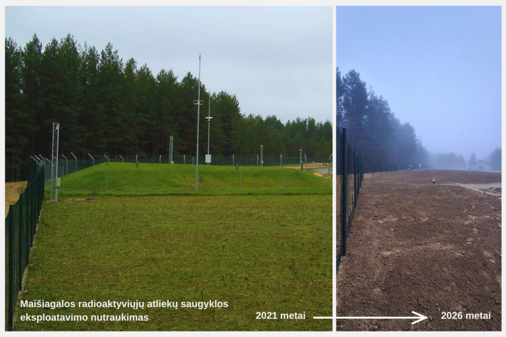 Kairėje matoma eksploatuojama saugykla, žalia žolė, dešinėje - sutvarkyta teritorija, tik ruda žemė