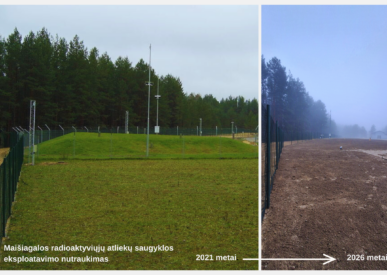 Kairėje matoma eksploatuojama saugykla, žalia žolė, dešinėje - sutvarkyta teritorija, tik ruda žemė